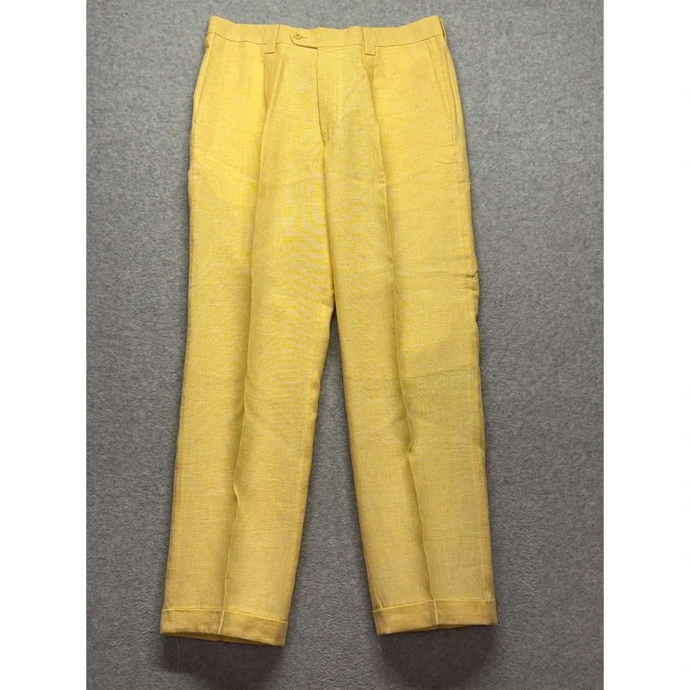 Inserch Collezione Uomo Yellow 100% Linen Pleated Cuffed Dress Pants Mens 36